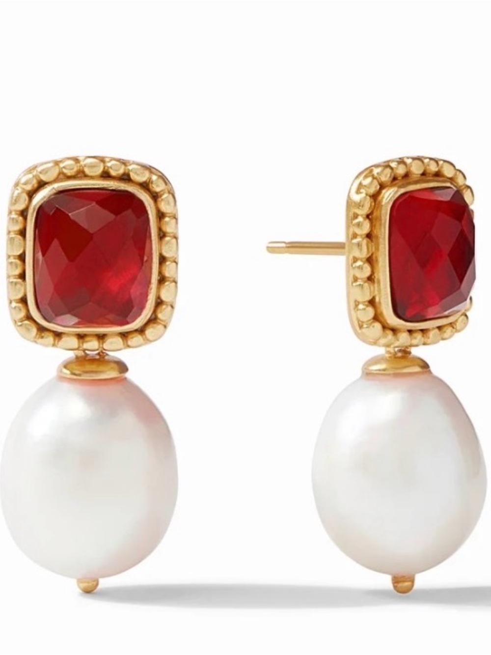 Julie Vos Marbella Pearl Drop Earrings with Red Gem Accents